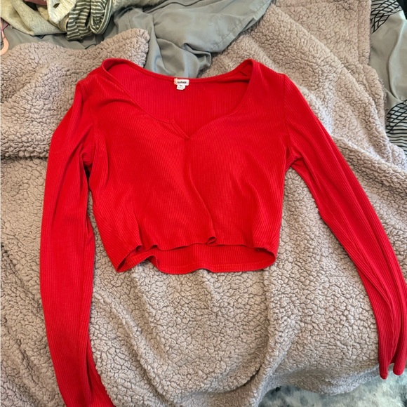 Garage Red Ribbed V-Neck Blouse - Picture 1 of 3